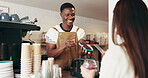 Happy man, payment or service in cafe with customer, professional or order for drink. Barista, sale or female person in coffee shop with digital transaction, scan and beverage for small business.