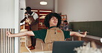 Stretching, business and man in cafe with laptop, completed task and overworked in posture adjust. Tired, burnout and employee in coffee shop with tech, exhaustion and backache in work project.