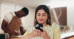 Internet, business and woman in cafe, cellphone and typing with social media, texting and email. Person, customer and smartphone in coffee shop, network and digital app with message to contact