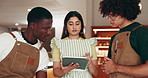 Team, discussion or research in cafe with tablet for business growth, online system or digital app. People, manager or employees in diner with tech for conversation, idea planning and development.