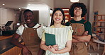 Restaurant, team and face of people in coffee shop for small business, cafe manager and service. Hospitality, happy and portrait of workers with digital tech for inventory, online menu and orders