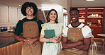 Restaurant, team and face of people with tablet for small business, cafe manager and service. Coffee shop, smile and portrait of workers with digital tech for inventory, online menu and inventory