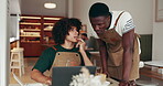Team, review and people in shop with laptop, motivation or feedback on startup growth. Partnership, conversation and entrepreneur in cafe with discussion, support or goals for small business.