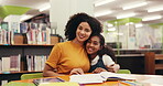 Woman, child or teaching at library with books, happy or laughing on study break. Support, mother or daughter in study room with homework, tablet and connection for childhood skill development.
