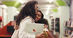 Hug, child and teacher in library with smile, celebration and preparation for test questions and education. Happy, tutor and support with girl for learning, literature and textbook for exam knowledge
