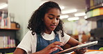 Girl, child and tablet in library for education, research or scroll for elearning project at school. Kid, tech or pupil with app, notes or solution with online course for scholarship at academy