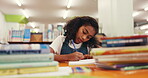 Child student and writing for learning in library with notes, studying and education sheet. Girl, elementary school and books for creative assessment, activity solution and information for knowledge