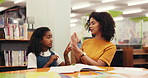 Child, woman and help with math in library with tutor, education and learning numbers. Girl, african person and count on fingers for teaching, support or problem solving and homework for school