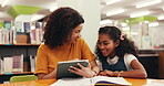 Teacher, child and tablet in library with smile, elearning and preparation for test questions and education. Tech, tutor and support with girl for study, literature and textbook for exam knowledge
