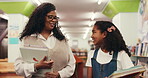 Teacher, student and walking with books in library for tutoring appointment, learning support and chat. Education, tutor and child with conversation at school for test preparation and lesson feedback