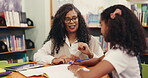Woman, child or hand counting at library with books, happy or teaching for extra class session. Support, teacher or student in study room with homework, writing or learning for childhood development