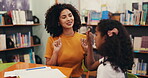 Woman, child or hand counting at library with books, happy or teaching for extra class session. Support, mother or daughter in study room with homework, writing or learning for childhood development
