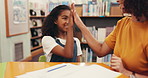 Girl, tutor and high five at library with education, support and counting for solution with math homework. Child, woman and writing notes with book, goals or celebration for development with learning