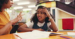 Math, tutor and child with counting in library for evaluation, SLD support and remedial education. Books, mentor or girl kid with learning disability at school for homework help, confused or guidance