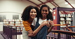Face, mother and child with hug in library for bonding together, connection and skill development. Smile, parent and daughter with embrace in bookshop for knowledge, learning support or storytelling.