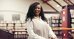 Face, teacher and happy woman in library for knowledge, education and funny. Smile, librarian and mature person in school for learning, academic portrait and professional educator laugh in Brazil