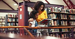 Books, reading and kid with woman in library for knowledge, storytelling and education support. Literature tutor, learning and hug with girl and teacher for child development, student and language