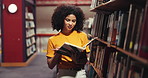 Woman, student and bookshelf with selection in library for choice, knowledge or literature. Female person, academic or reading with book, pick or choose for novel, story or information in bookstore