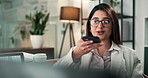Business, phone call and woman in office, loudspeaker and communication for investment deal. Negotiation, person and investor in workplace, smartphone and digital app with financial agency or talking