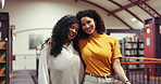 Face, happy mother and daughter with hug in library for bonding together, wisdom and connection. Smile, parent and adult child in bookshop with embrace, support and kindness for fun weekend break.