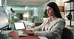 Business, computer and woman in office, typing and financial agency with mockup space. Person, investor and employee in workplace, pc and website info for economy analytics, email and internet