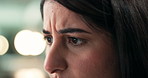 Reading, confused and business woman in office for mistake, online error and bad news for investment fail. Professional, corporate and person with surprise, unsure and stressed for scam at night