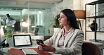 Business, night and woman with smartphone, computer and check for website information. Corporate professional, evening and person with screen, cellphone and tech with email, network and internet