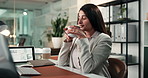Business, night and woman in office, coffee and screen with smell, break and espresso. Evening, corporate professional and person in workplace, technology and herbal tea with caffeine and hot drink