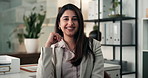 Face, business and woman in workplace, smile and financial agency with career ambition. Happy person, investor and employee at desk, broker and confidence in office, risk management and funny