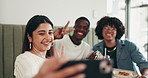 Women, students and selfie in restaurant with men, peace sign and post for happy memory at lunch. People, group and friends with photography, smile and food with v symbol on social media at diner