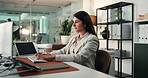 Business, typing and woman with computer, night and copywriting with internet, tech and email. Evening, person and journalist in office, pc and copywriting with deadline for news report or creativity