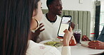 Phone screen, menu and hands of woman in cafe for online order, coupon promotion and lunch break. Restaurant price list, digital order and scroll with person in coffee shop for customer and search