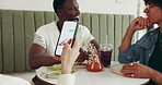 Phone screen, breakfast and friends in coffee shop with social media, networking and bonding. Conversation, cellphone and people with morning meal for connectivity in mobile app in restaurant.