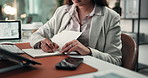 Business, writing and woman in office, notebook and copywriting with planning, ideas and brainstorming. Person, employee and journalist in workplace, creative agency and research for news report