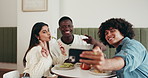 Man, students and selfie in restaurant with friends, peace sign and post for happy memory at lunch. People, group and woman with photography, smile and food with v symbol on social network at diner