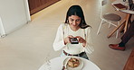 Photography, food blogger or woman with phone in coffee shop for review, culinary trend or social media. Post content, update digital audience or person with mobile app in cafe, meal picture or lunch