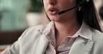 Talking, mouth and telemarketing with headset, call center or communication for customer engagement. Sales, agent and explaining service to contact, discussion and woman with tech for lead generation