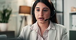 Call center, services and woman with headset, talking and communication for lead generation or sales. CRM, discussion and explaining policy to contact, agent and person with tech for telemarketing