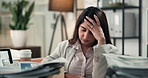 Stress, business and woman with headache, documents and burnout with brain fog, tired and upset. Person, exhausted and employee in office, migraine and pain with fatigue, frustrated or overwhelmed