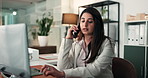 Phone call, night and business woman in office for contact, negotiation and talking to client. Financial advisor, corporate and person on smartphone for discussion, finance consulting or conversation