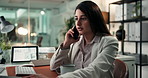 Phone call, computer and business woman in office for contact, negotiation and discussion at night. Financial advisor, corporate and person on smartphone for talking, finance consulting and chatting