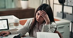 Headache, business and woman in office, documents and burnout with screen, stress and upset. Person, exhausted and employee in workplace, migraine or brain fog with fatigue, frustrated or pressure