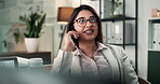 Phone call, consultant and smile with business woman in office for client advisor, account manager and negotiation. Proposal, portfolio discussion and feedback with person in agency for communication