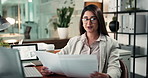 Business, video call and woman with computer, documents or financial agency with budget proposal. Virtual meeting, corporate professional or investor revenue report, hello or talking with negotiation