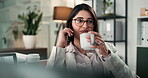 Phone call, consultant and coffee with business woman in office for client advisor, account manager or advice. Proposal, portfolio discussion and feedback with person in agency for communication