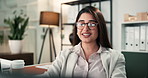 Business, video call and woman with computer, webinar and financial agency with feedback. Virtual meeting, corporate professional and investor with happiness, hello and welcome with negotiation