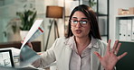 Stress, frustrated and documents with business woman in office for project glitch, fatigue and burnout. Anxiety, planning crisis and mental health with female employee for proposal error and bokeh