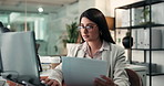 Finance, documents and business woman on laptop for investment, budget report and planning. Professional, corporate and person with paperwork on computer for financial proposal, review and research