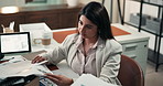 Stress, business and woman in office, documents and burnout with screen, tired and upset. Person, exhausted and employee in workplace, chaos or workflow crisis with fatigue, frustrated or overwhelmed
