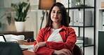 Face of woman, confident and arms crossed in creative agency, happiness and career growth in advertising. Professional, pride and copywriter with smile in office, opportunity and positive mindset.